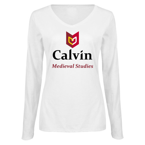  Womens White Long Sleeve V Neck Tee  - Medieval Studies
