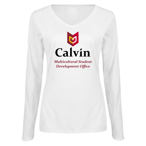  Womens White Long Sleeve V Neck Tee  - Multicultural Student Development Office