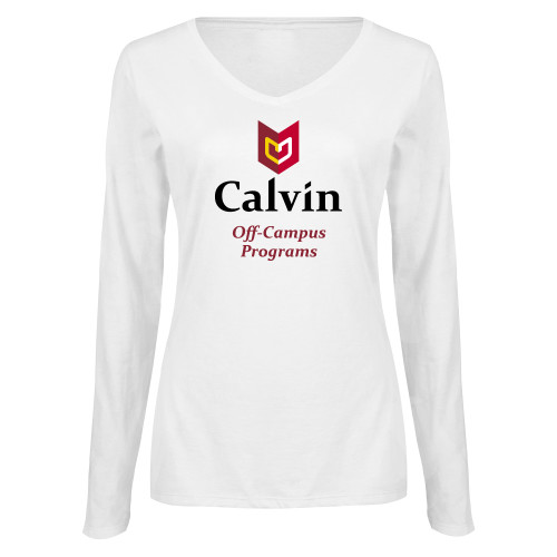  Womens White Long Sleeve V Neck Tee  - Off Campus Programs