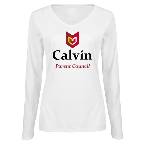  Womens White Long Sleeve V Neck Tee  - Parent Council