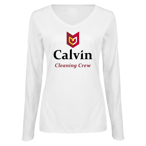  Womens White Long Sleeve V Neck Tee  - Cleaning Crew