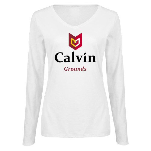  Womens White Long Sleeve V Neck Tee  - Grounds