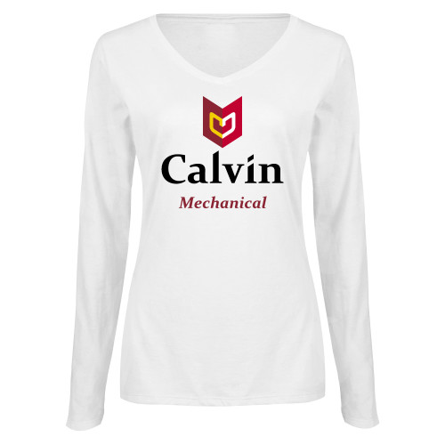  Womens White Long Sleeve V Neck Tee  - Mechanical