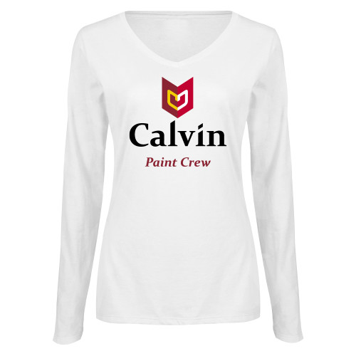  Womens White Long Sleeve V Neck Tee  - Paint Crew