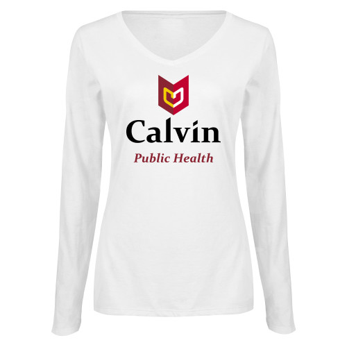  Womens White Long Sleeve V Neck Tee  - Public Health