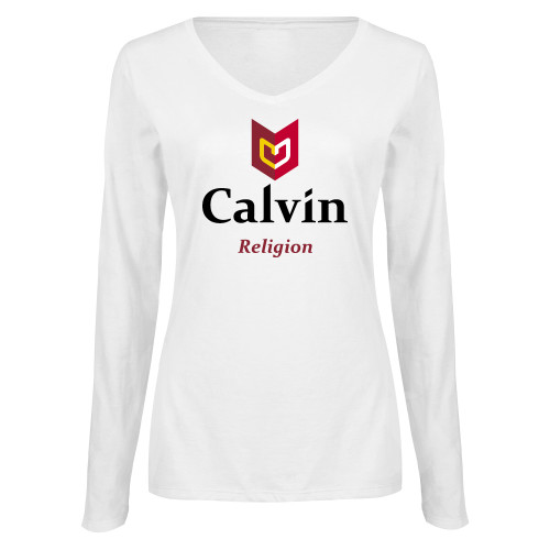  Womens White Long Sleeve V Neck Tee  - Religion