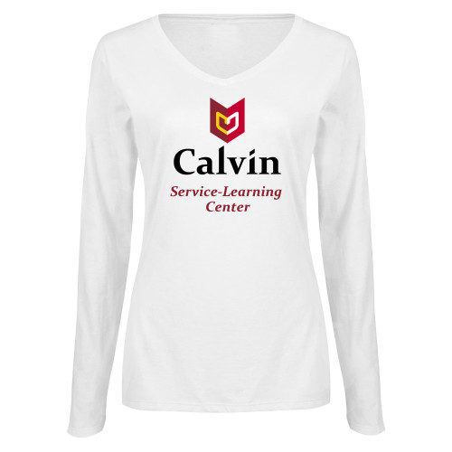  Womens White Long Sleeve V Neck Tee  - Service Learning Center