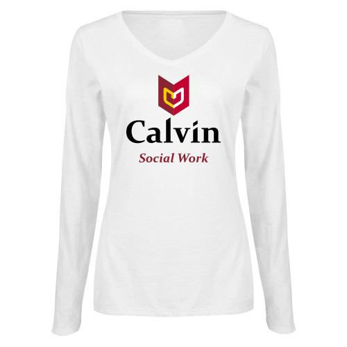  Womens White Long Sleeve V Neck Tee  - Social Work