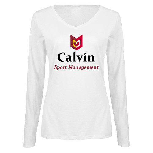  Womens White Long Sleeve V Neck Tee  - Sport Management