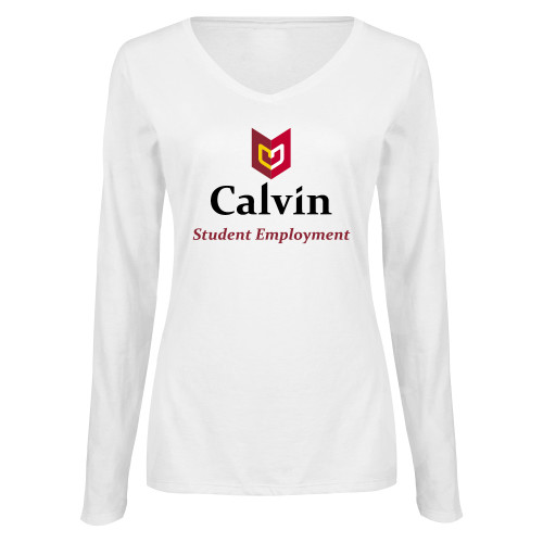  Womens White Long Sleeve V Neck Tee  - Student Employment