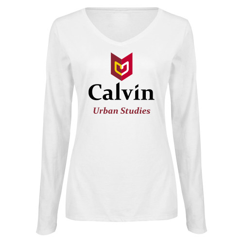  Womens White Long Sleeve V Neck Tee  - Urban Studies
