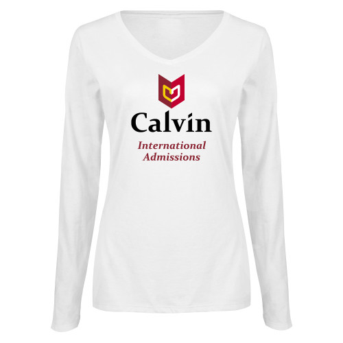  Womens White Long Sleeve V Neck Tee  - International Admissions
