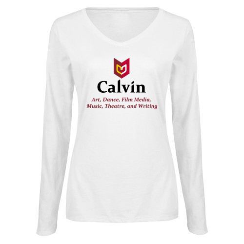  Womens White Long Sleeve V Neck Tee  - Art