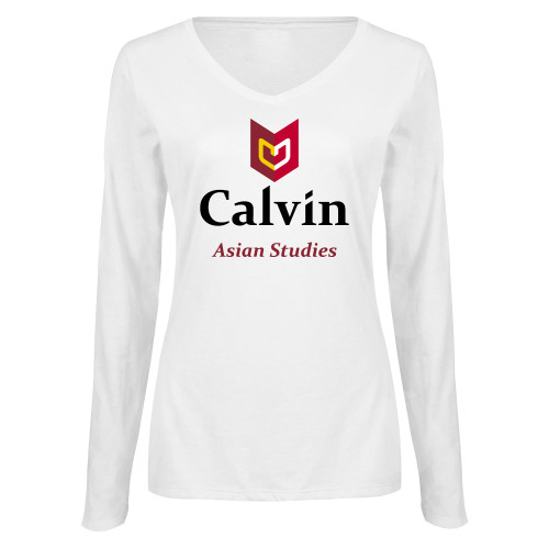  Womens White Long Sleeve V Neck Tee  - Asian Studies