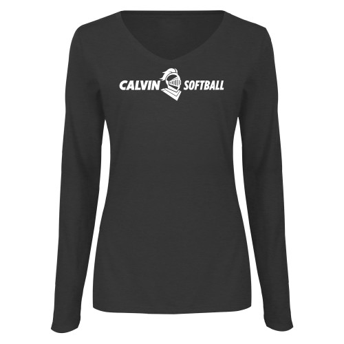  Womens Dark Heather Long Sleeve V Neck Tee  - Softball Horizontal