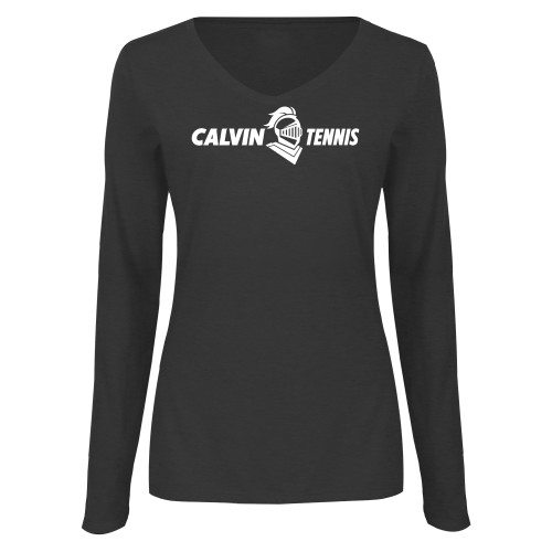  Womens Dark Heather Long Sleeve V Neck Tee  - Tennis Horizontal