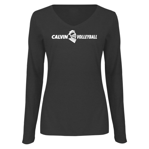  Womens Dark Heather Long Sleeve V Neck Tee  - Volleyball Horizontal
