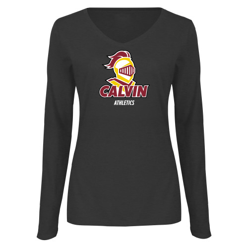  Womens Dark Heather Long Sleeve V Neck Tee  - Athletics Stacked