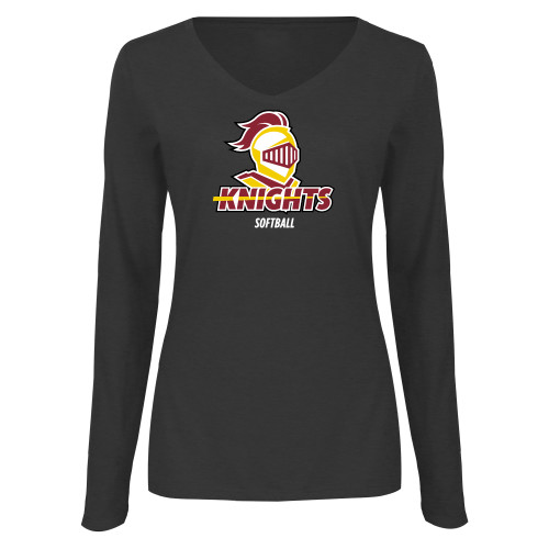  Womens Dark Heather Long Sleeve V Neck Tee  - Softball