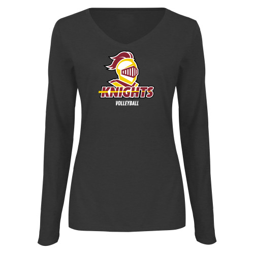  Womens Dark Heather Long Sleeve V Neck Tee  - Volleyball