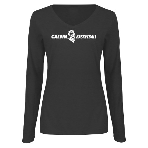  Womens Dark Heather Long Sleeve V Neck Tee  - Basketball Horizontal