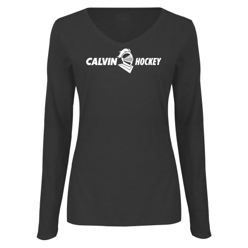  Womens Dark Heather Long Sleeve V Neck Tee  - Hockey Horizontal
