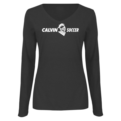  Womens Dark Heather Long Sleeve V Neck Tee  - Soccer Horizontal