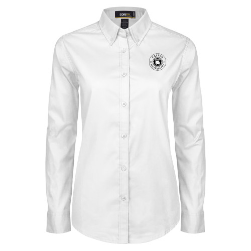  Womens White Twill Button Down Long Sleeve  - Calvin University English Seal - 150th Anniversary