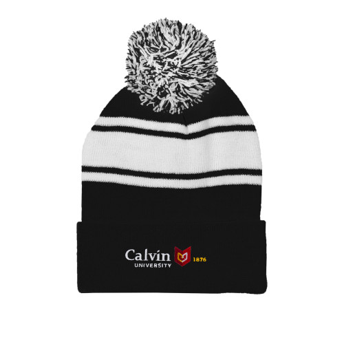  Black/White Two Tone Knit Pom Beanie w/Cuff - University Logo 1876 Horizontal