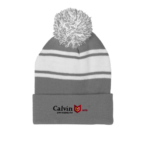  Grey/White Two Tone Knit Pom Beanie w/Cuff - University Logo 1876 Horizontal