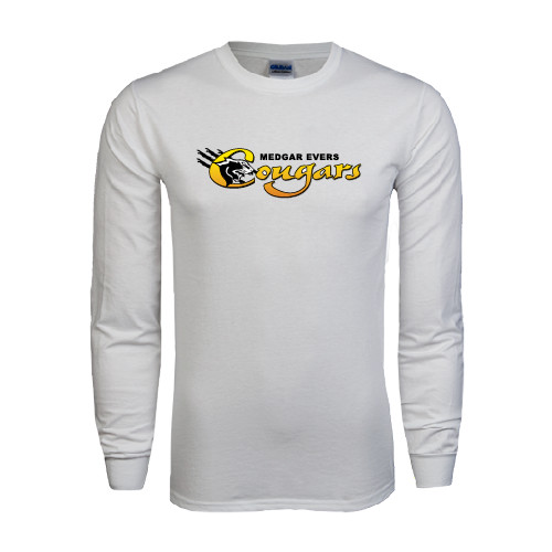 College White Long Sleeve T Shirt-Medgar Evers Cougars