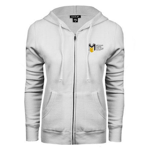 College ENZA Womens White Fleece Full Zip Hoodie-Official Logo