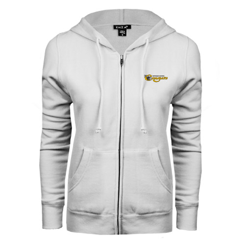 College ENZA Womens White Fleece Full Zip Hoodie-Medgar Evers Cougars