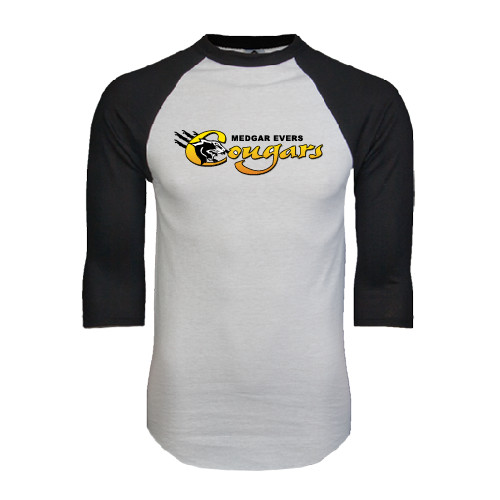 College White/Black Raglan Baseball T Shirt-Medgar Evers Cougars