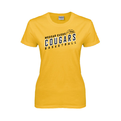 College Womens Gold Short Sleeve Tee-Basketball Design