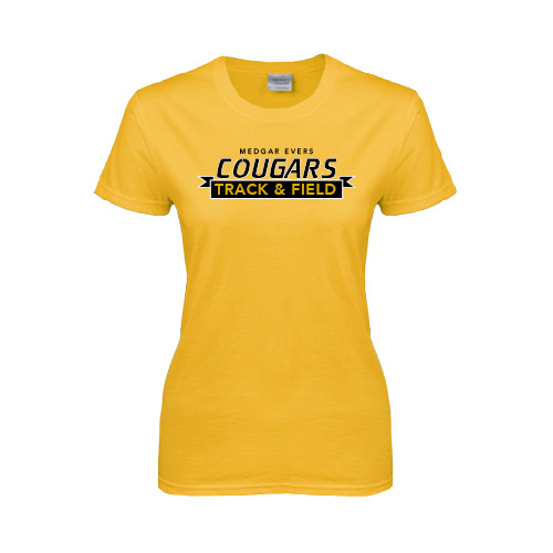 College Womens Gold Short Sleeve Tee-Track and Field Design