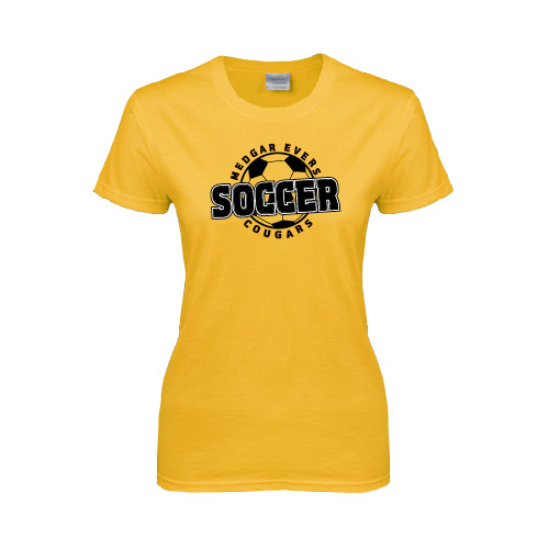 College Womens Gold Short Sleeve Tee-Soccer Design