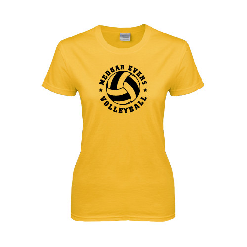College Womens Gold Short Sleeve Tee-Volleyball Design