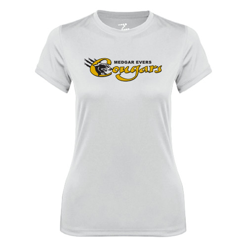 College Womens White Performance Tee-Medgar Evers Cougars