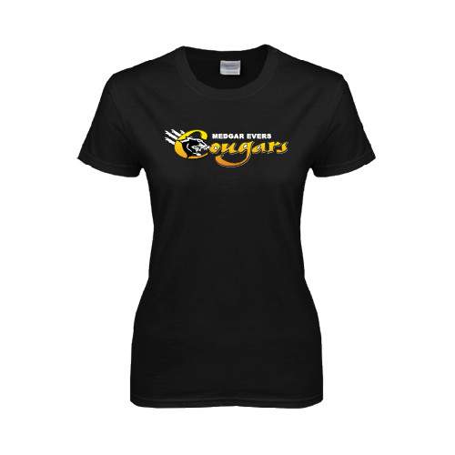 College Womens Black Short Sleeve Tee-Medgar Evers Cougars