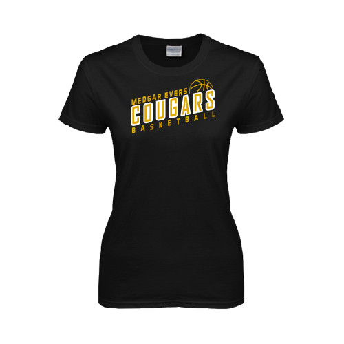College Womens Black Short Sleeve Tee-Basketball Design