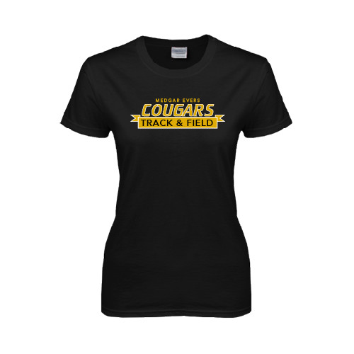 College Womens Black Short Sleeve Tee-Track and Field Design