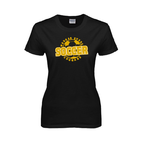 College Womens Black Short Sleeve Tee-Soccer Design