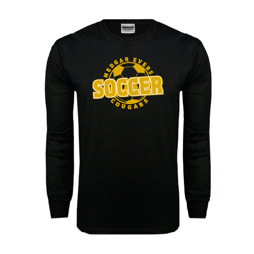 College Black Long Sleeve T Shirt-Soccer Design