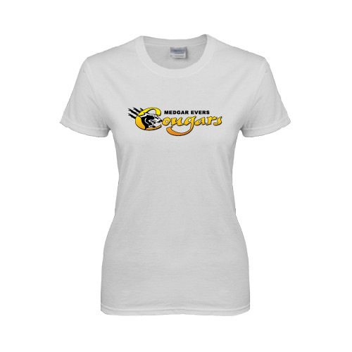 College Womens White Short Sleeve Tee-Medgar Evers Cougars
