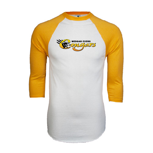 College White/Gold Raglan Baseball T Shirt-Medgar Evers Cougars