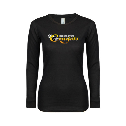 College Womens Black Long Sleeve V Neck Tee -Medgar Evers Cougars