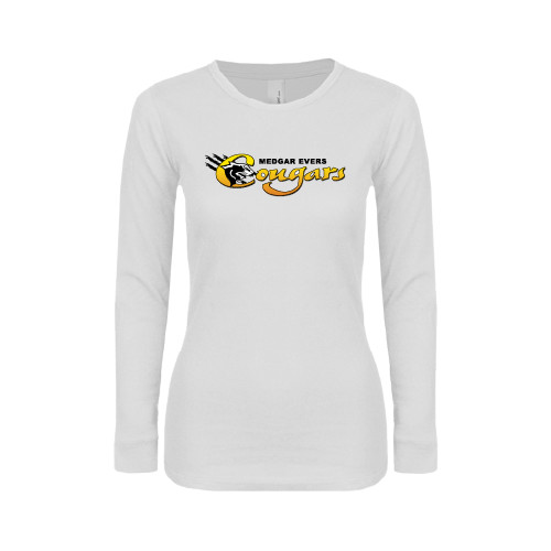 College Womens White Long Sleeve V Neck Tee-Medgar Evers Cougars