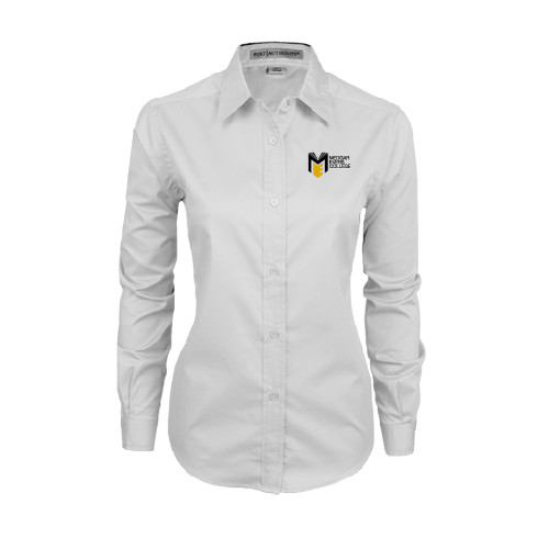 College Womens White Twill Button Down Long Sleeve-Official Logo