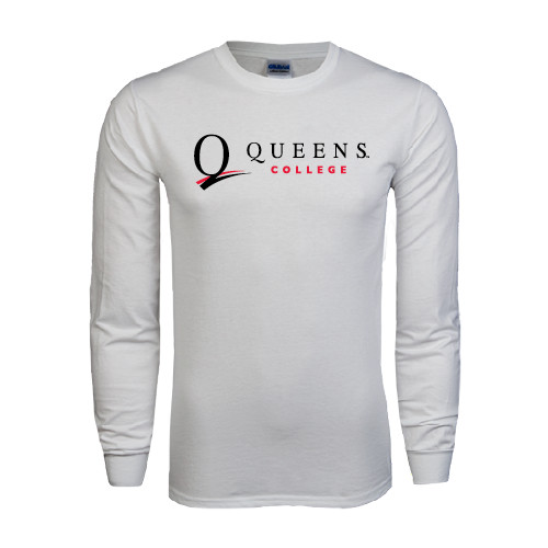 White Long Sleeve T Shirt-Queens College Stacked